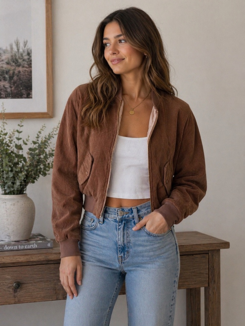 Denim Blvd Women's Brown Corduroy Bomber Jacket - Chic Zip-Front Coat